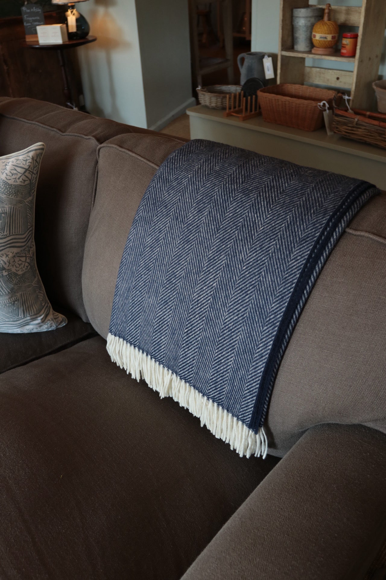 Navy Herringbone Merino Throw