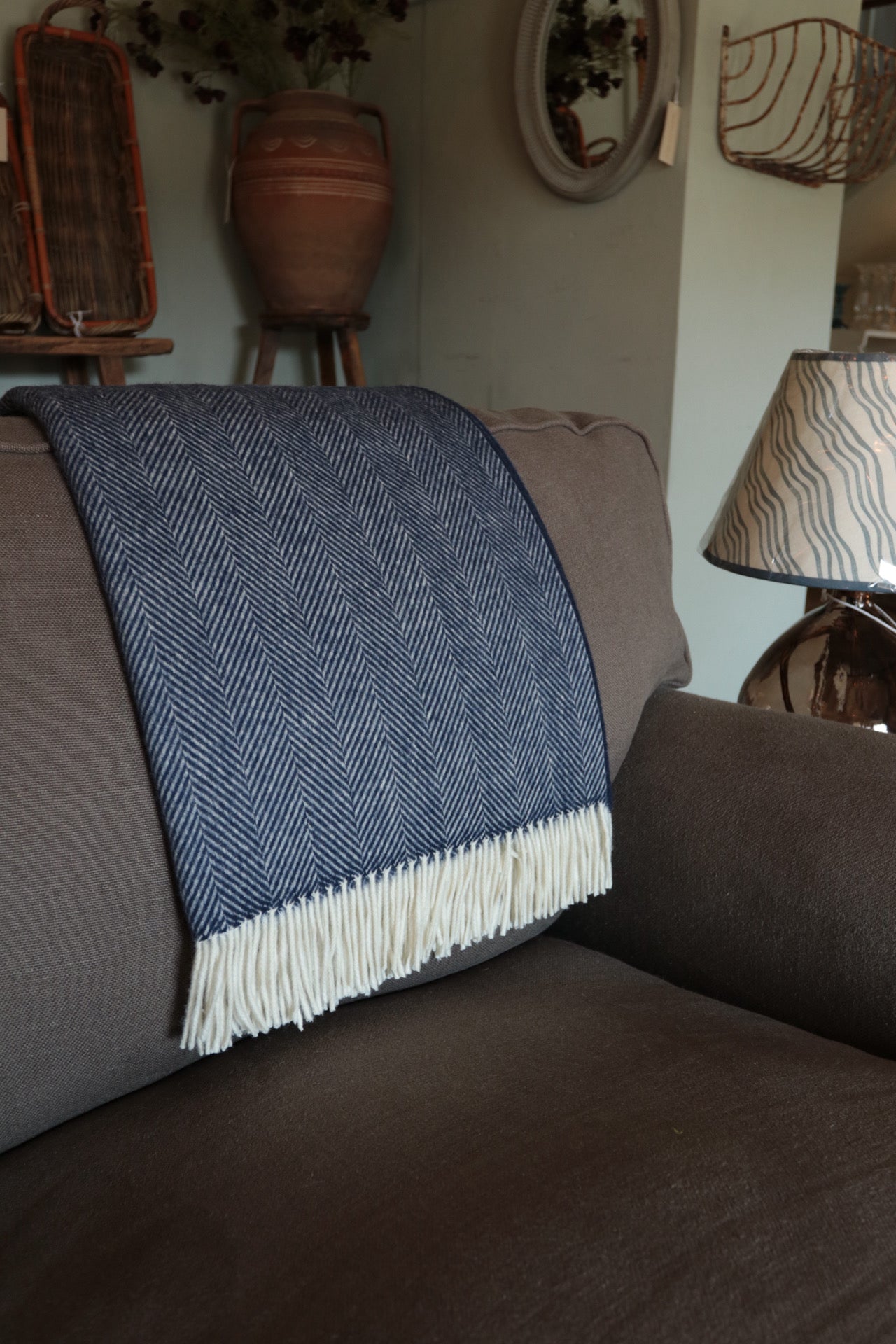 Navy Herringbone Merino Throw