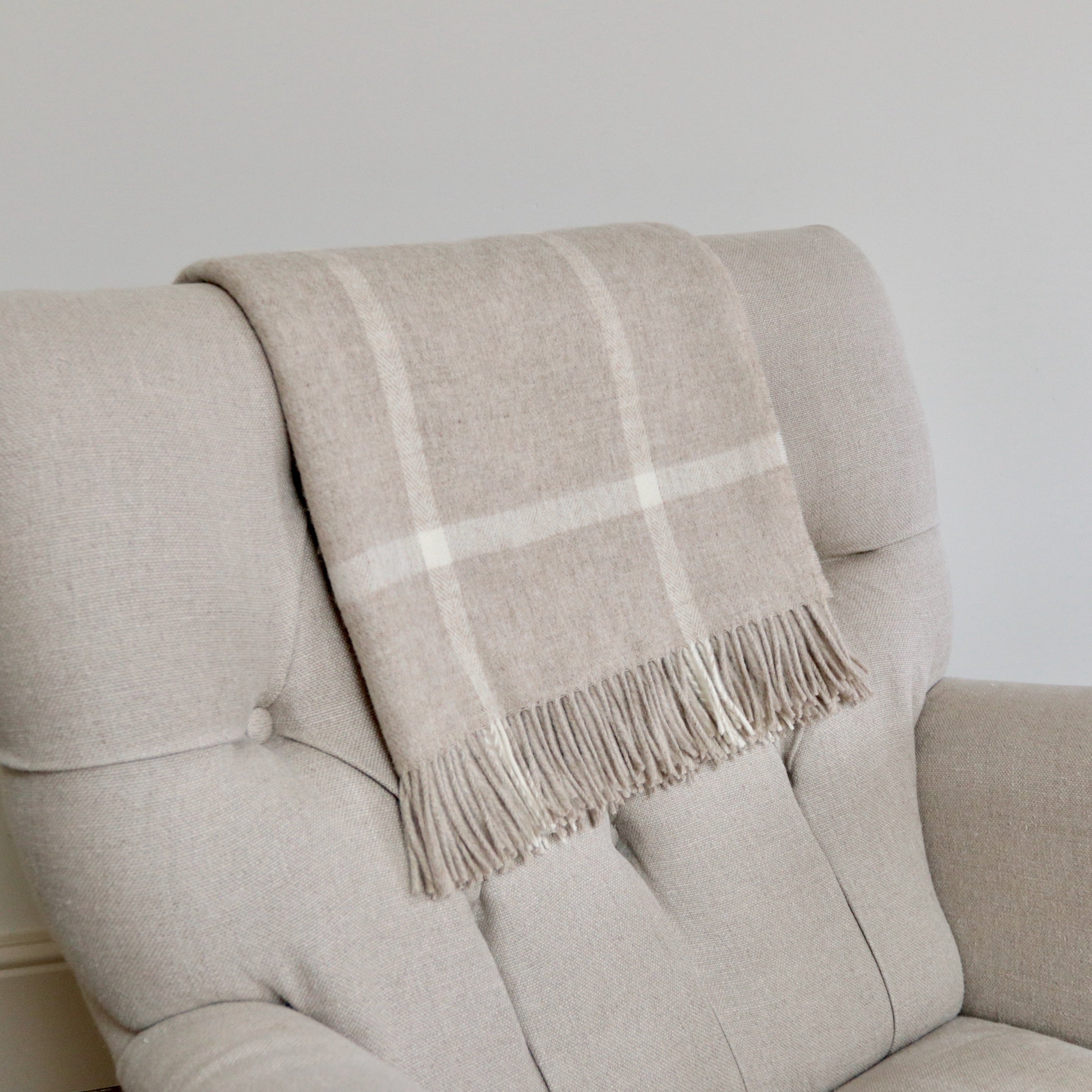 Beige Windowpane Merino Throw